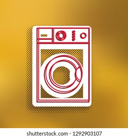 Washing machine sign. Vector. Magenta icon with darker shadow, white sticker and black popart shadow on golden background.