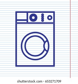 Washing machine sign. Vector. Navy line icon on notebook paper as background with red line for field.