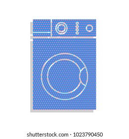 Washing machine sign. Vector. Neon blue icon with cyclamen polka dots pattern with light gray shadow on white background. Isolated.