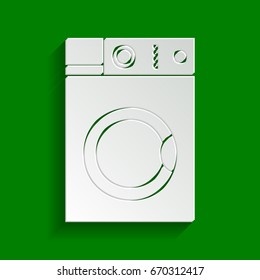 Washing machine sign. Vector. Paper whitish icon with soft shadow on green background.