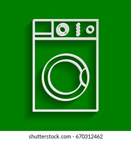Washing machine sign. Vector. Paper whitish icon with soft shadow on green background.