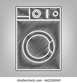 Washing machine sign. Vector. Pencil sketch imitation. Dark gray scribble icon with dark gray outer contour at gray background.