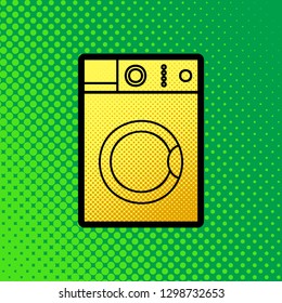 Washing machine sign. Vector. Pop art orange to yellow dots-gradient icon with black contour at greenish background.