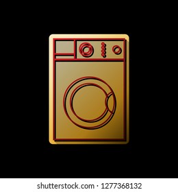 Washing machine sign. Vector. Red icon with small black and limitless shadows at golden sticker on black background.