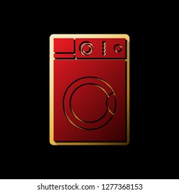 Washing machine sign. Vector. Red icon with small black and limitless shadows at golden sticker on black background.