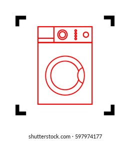 Washing machine sign. Vector. Red icon inside black focus corners on white background. Isolated.