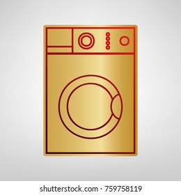 Washing machine sign. Vector. Red icon on gold sticker at light gray background.