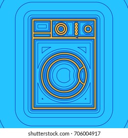 Washing machine sign. Vector. Sand color icon with black contour and equidistant blue contours like field at sky blue background. Like waves on map - island in ocean or sea.