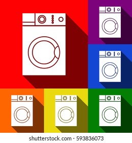 Washing machine sign. Vector. Set of icons with flat shadows at red, orange, yellow, green, blue and violet background.