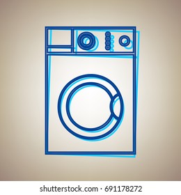 Washing machine sign. Vector. Sky blue icon with defected blue contour on beige background.
