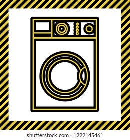 Washing machine sign. Vector. Warm yellow icon with black contour in frame named as under construction at white background. Isolated.