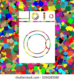 Washing machine sign. Vector. White icon on colorful background with seamless pattern from squares.