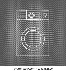 Washing machine sign. Vector. White knitted icon on gray knitted background. Isolated.
