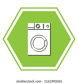 Washing machine sign. Vector. White icon with black shadow at yellow green honeycomb on white background.