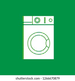 Washing machine sign. Vector. White flat icon with yellow striped shadow at green background.
