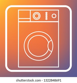 Washing machine sign. Vector. White icon on transparent button at orange-violet gradient background.