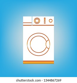 Washing machine sign. Vector. White icon with 3d warm-colored gradient body at sky blue background.