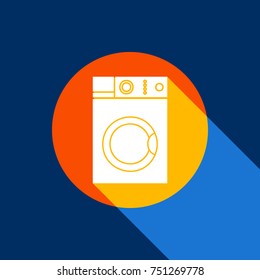 Washing machine sign. Vector. White icon on tangelo circle with infinite shadow of light at cool black background. Selective yellow and bright navy blue are produced.