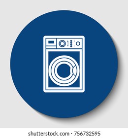 Washing machine sign. Vector. White contour icon in dark cerulean circle at white background. Isolated.