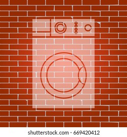 Washing machine sign. Vector. Whitish icon on brick wall as background.