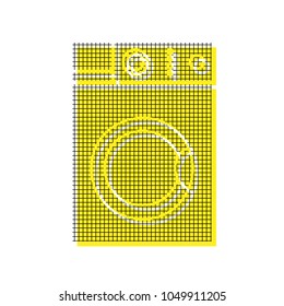 Washing machine sign. Vector. Yellow icon with square pattern duplicate at white background. Isolated.