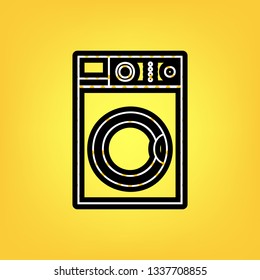 Washing machine sign. Vector. Yellow polka dot white icon with black contour at warm yellow background.