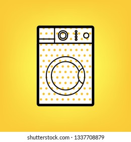 Washing machine sign. Vector. Yellow polka dot white icon with black contour at warm yellow background.