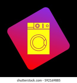 Washing machine sign. Vector. Yellow icon at violet-red gradient square with rounded corners rotated for dynamics on black background.