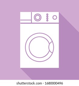 Washing machine sign. White Icon with long shadow at purple background. Illustration.
