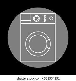 Washing machine sign. White icon in gray circle at black background. Circumscribed circle. Circumcircle.