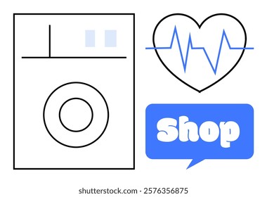 Washing machine with simple lines and two small rectangles. Blue heartbeat symbol in heart shape next to blue shop sign with white letters. Ideal for appliance shopping, online stores, e-commerce