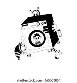 Washing machine with small men. Vector illustration, black and white, fictional, cartoon, hand-drawn