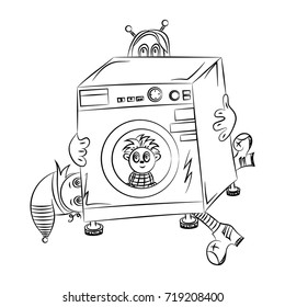 Washing machine with small men. Vector illustration, black contour on white background, fictional, cartoon, hand-drawn