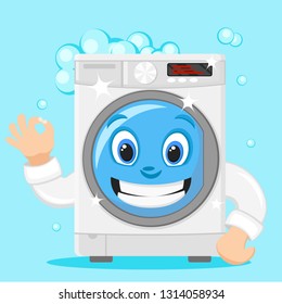 Washing machine smiles and shows the class, on a white. Character