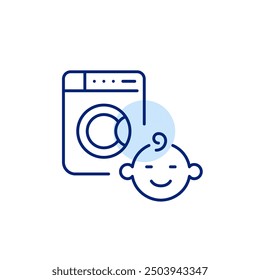 Washing machine and smiling infant. Baby-safe laundry. Pixel perfect, editable stroke icon