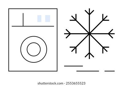 Washing machine with a snowflake symbol on a white background. Ideal for winter laundry care, cold wash, appliance instructions, winter season, and clothing care. Simple and minimalist style