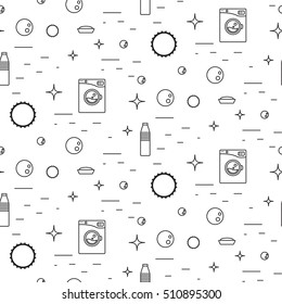 Washing machine and soap bubbles thin line seamless pattern. Black and white laundry theme vector background.