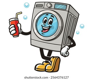 Washing Machine with soft drink,  Cartoon Character Mascot Illustration Vector Clip-art Hand-drawn Logo Design