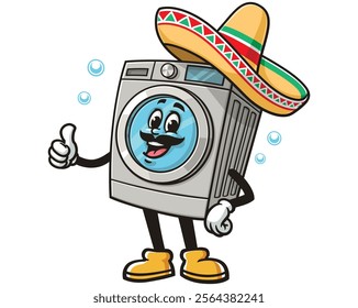 Washing Machine with sombrero,  Cartoon Character Mascot Illustration Vector Clip-art Hand-drawn Logo Design