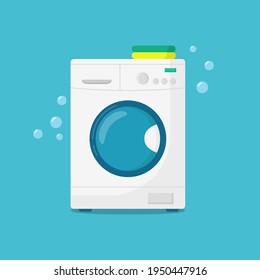 Washing machine with a stack of clothing. Flat vector illustration