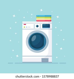 Washing machine  with stack of dry clothing isolated on background. 
Electronic laundry equipment for housekeeping. Vector flat design