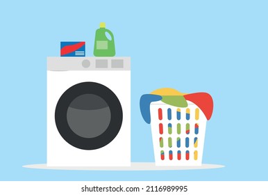 Washing machine with stack of dry clothing isolated on background. Electronic laundry equipment for housekeeping. Vector flat design