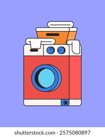 Washing machine stacked with laundry, depicted in a cartoon style, suitable for home and laundry-themed content