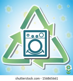 Washing machine sticker with green arrows, symbolizing ecology and recycling. Vector illustration.