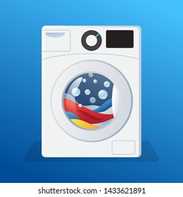 Washing machine sticker, washer with clothes, linen and foam bubbles inside, vector illustration isolated