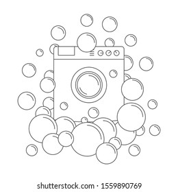 Washing machine surrounded by soap bubbles. Concept of working or broken washing machine. Thin line illustartion. Vector black icon of washing machine isolated on white background.