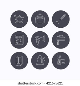 Washing machine, teapot and blender icons. Refrigerator fridge, juicer and steam ironing linear signs. Hair dryer, juicer icons. Flat icons in circle buttons on white background. Vector