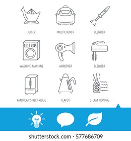 Washing machine, teapot and blender icons. Refrigerator fridge, juicer and steam ironing linear signs. Hair dryer, juicer icons. Light bulb, speech bubble and leaf web icons. Vector