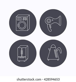 Washing machine, teapot and hair-dryer icons. American style refrigerator linear sign. Flat icons in circle buttons on white background. Vector