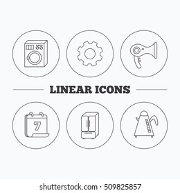 Washing machine, teapot and hair-dryer icons. American style refrigerator linear sign. Flat cogwheel and calendar symbols. Linear icons in circle buttons. Vector